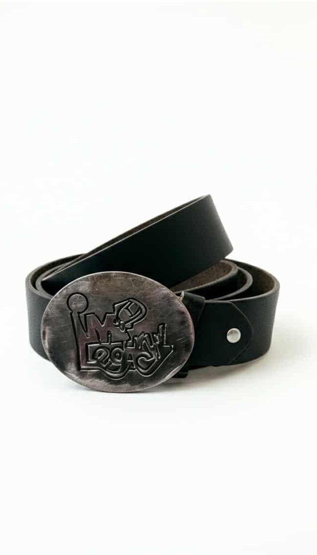 Black leather belt with a large metal buckle on a white background